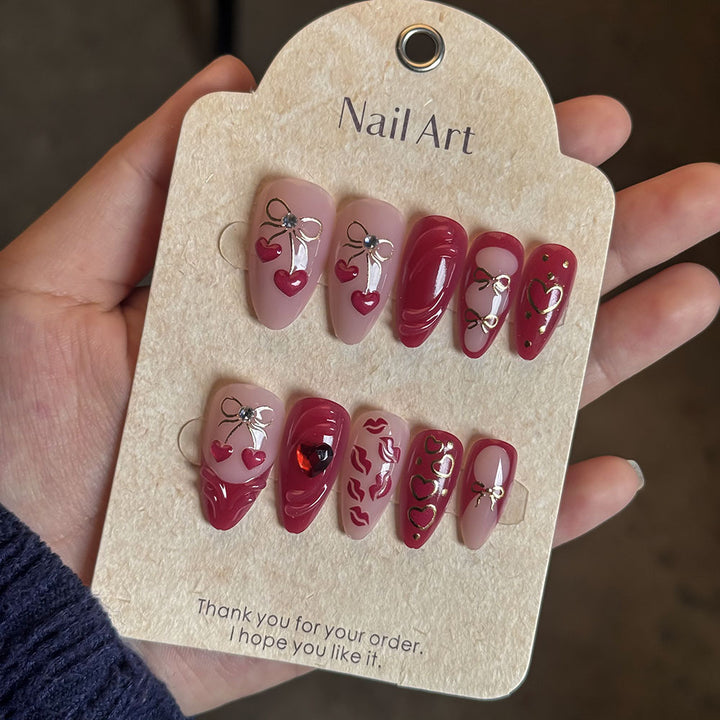 Romantic Heart-Themed Press-On Nail Set Bowlift