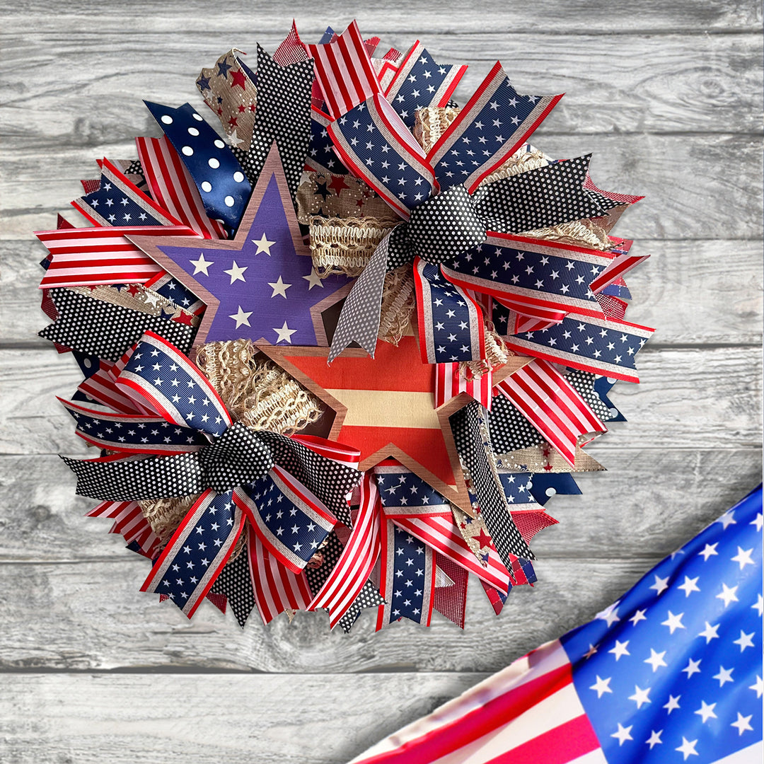 Unisex nan more patriotic door wreath made of ribbon and wooden stars Bowlift