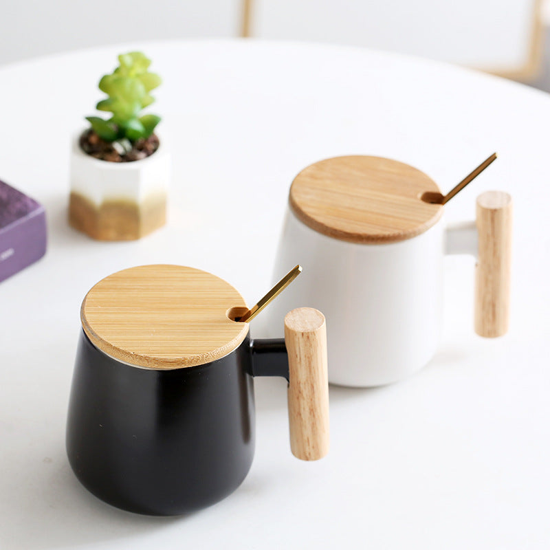 Ceramic Coffee Mug Gift Set with Bamboo Lid Ergonomic Wooden Handle and Gold Spoon Bowlift