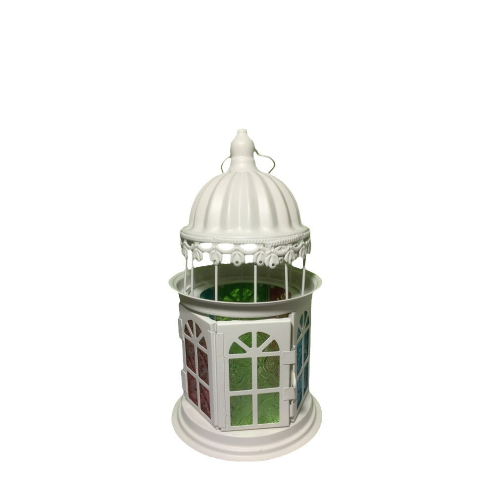 Ornamental Gothic Dome Lantern with Colored Glass Panels and Tealight Holder Bowlift