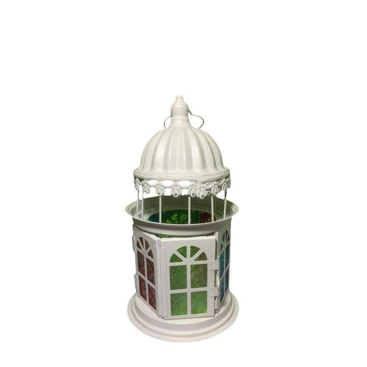 Ornamental Gothic Dome Lantern with Colored Glass Panels and Tealight Holder Bowlift