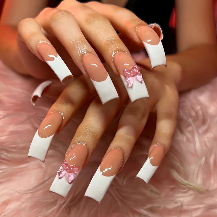 Stylish Acrylic Press-On Nail Extensions with Decorative Bow Bowlift