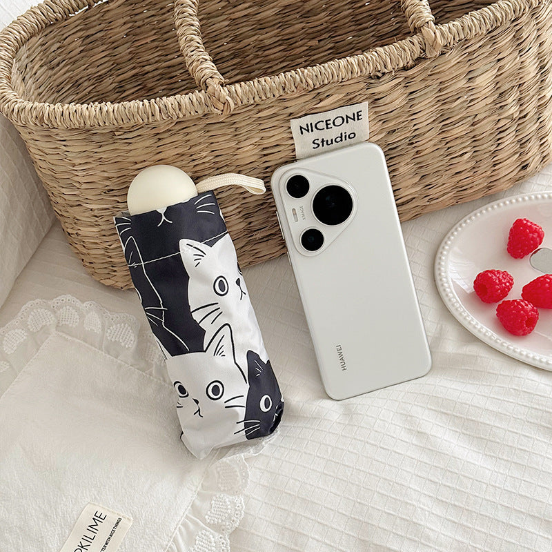 Women Folding Umbrella with Playful Cat Pattern Bowlift