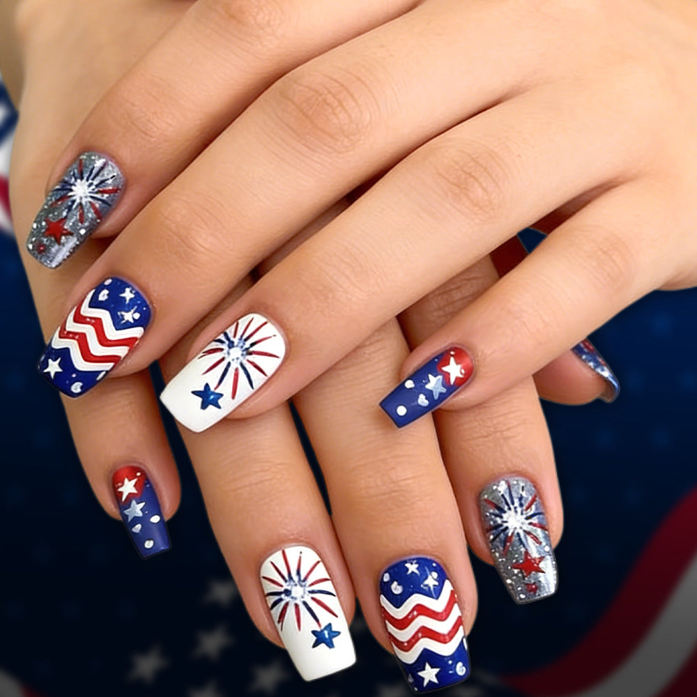 Women's nan patriotic acrylic press on nails set with coffin shape and firework star decals Bowlift