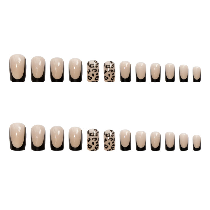 Artificial nail set with elegant leopard motif and black French design Bowlift