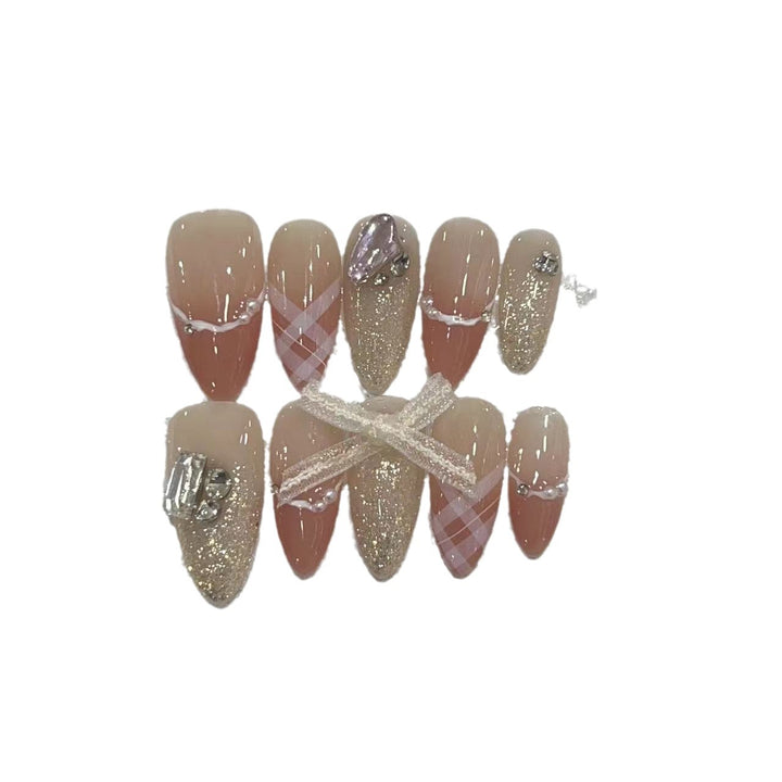 Decorative Stiletto Press-On Nail Art Set with Rhinestone and Glitter Accents Bowlift