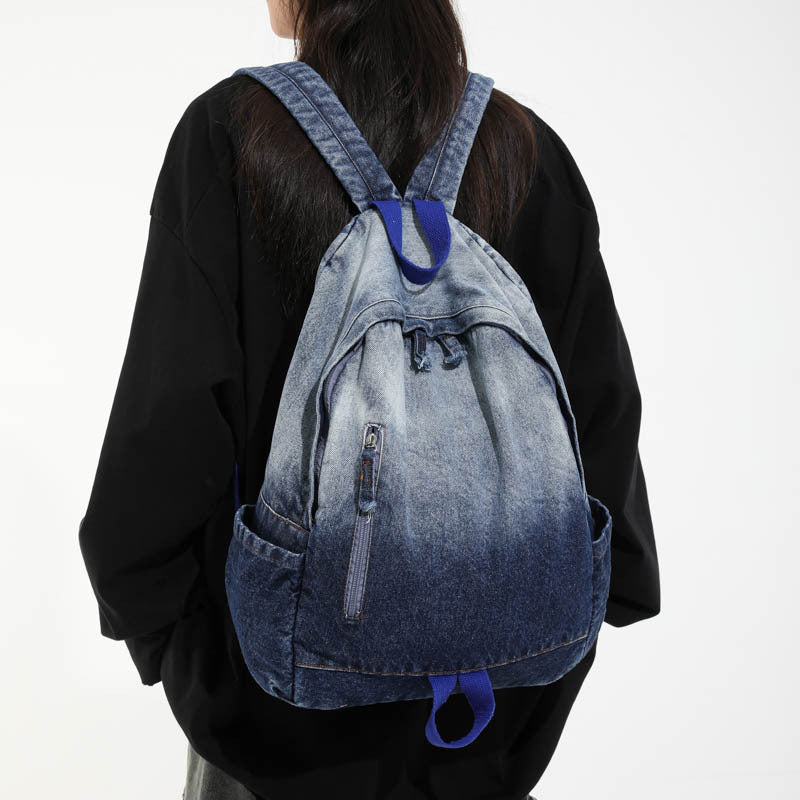 Casual Denim Wash School Backpack Bowlift