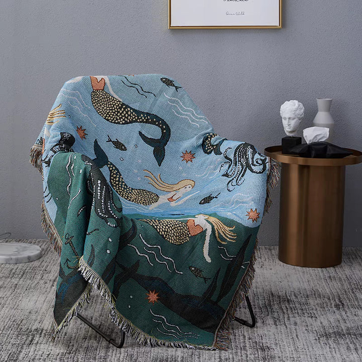 Artistic Mermaid-Themed Woven Throw Blanket
