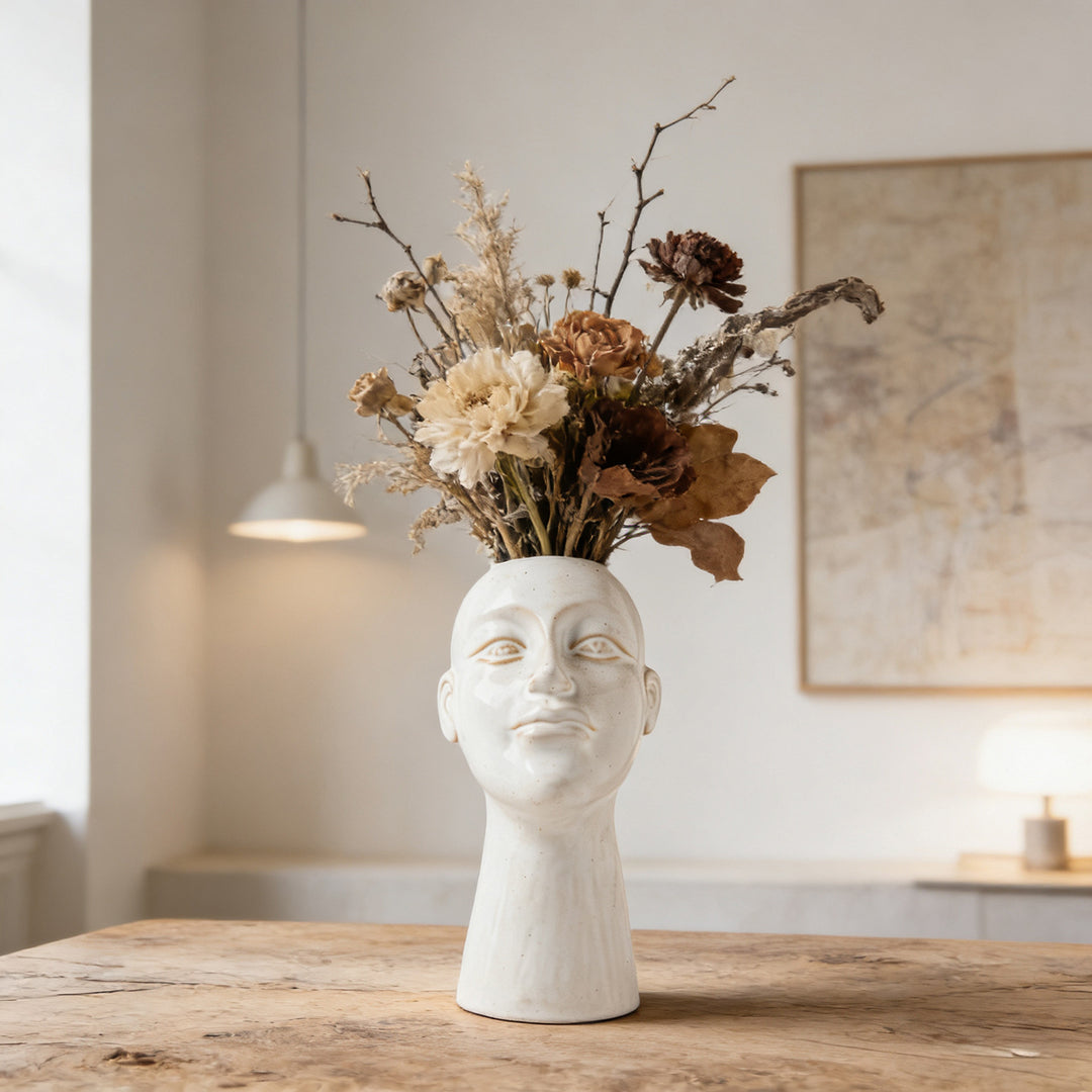 Hand-glazed contemporary sculptural head plant vase with narrow neck
