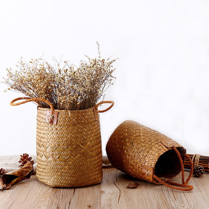 Unisex Handwoven Storage Basket with Leather Handles Bowlift