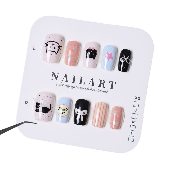 Playful Cat-Themed Press-On Nail Set Bowlift