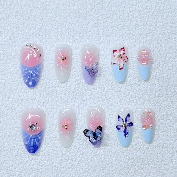 Artful Nail Art with Floral Details and Butterflies Bowlift