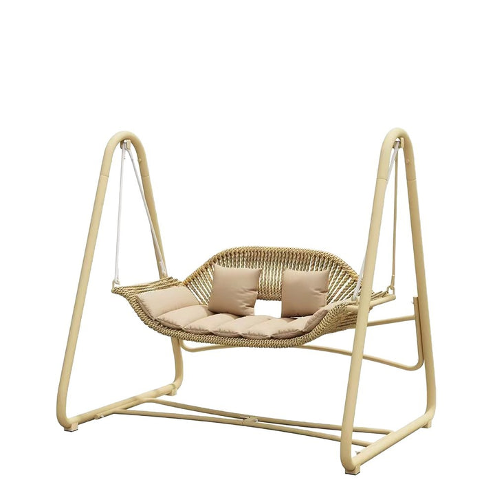 Woven rattan outdoor swing loveseat with padded cushions and powder-coated steel frame Bowlift