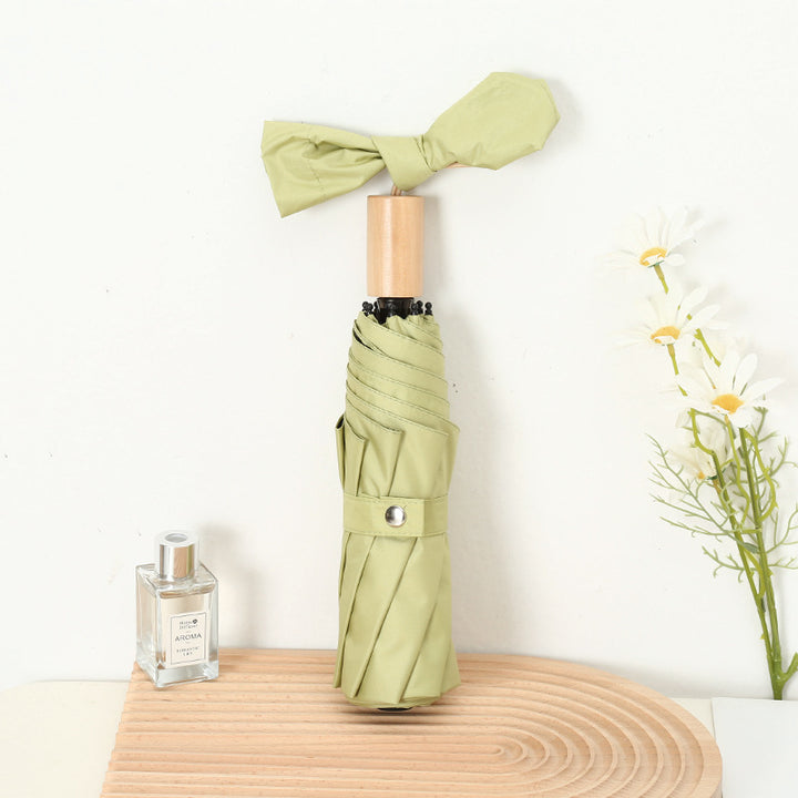 Women's Elegant Folding Umbrella with Wooden Handle Bowlift