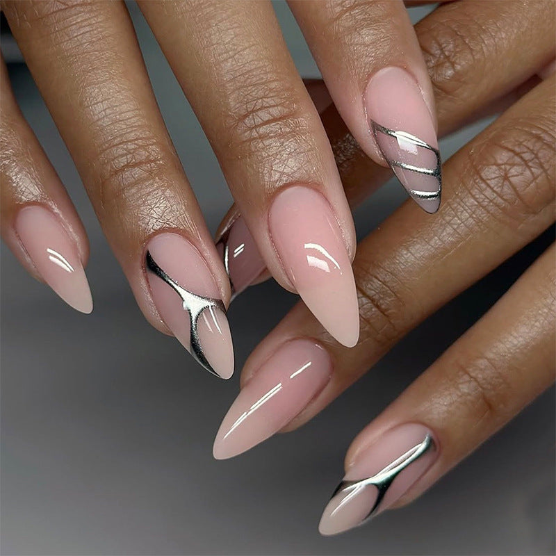 Elegant Press-On Nail Set with Artistic Silver Accents Bowlift