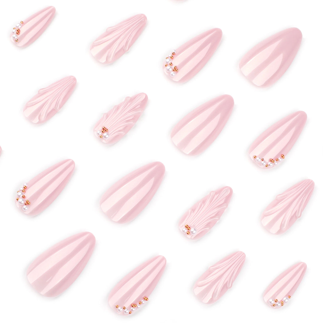 Elegant stiletto nails with shimmer design and pearl decorations Bowlift