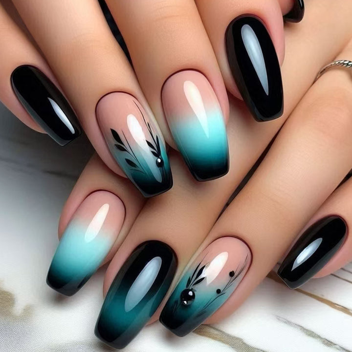 Ombre Press-On Nail Art with Floral Design Bowlift