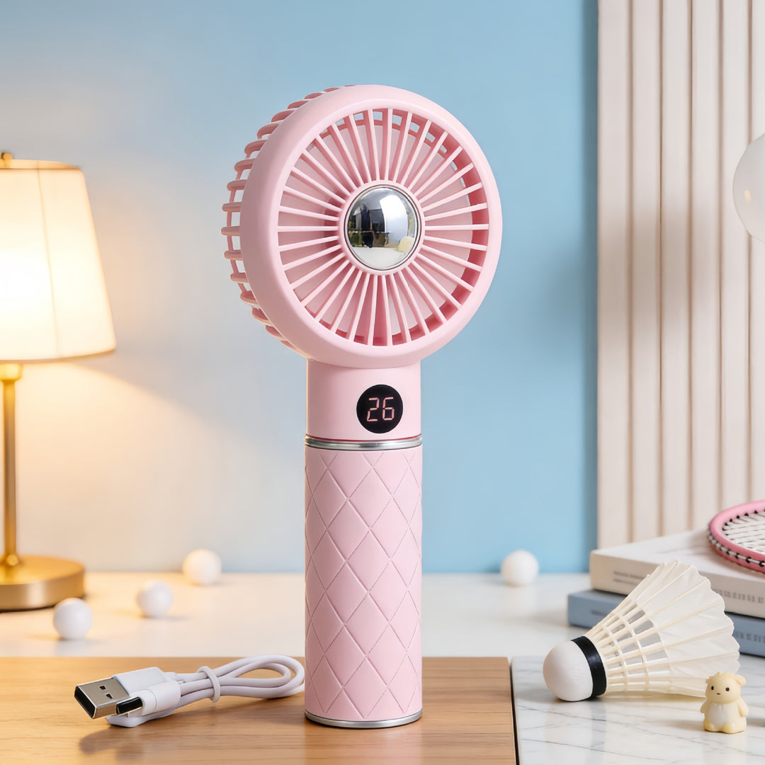 Women's portable mini hand fan with flexible tilt function and digital display Bowlift