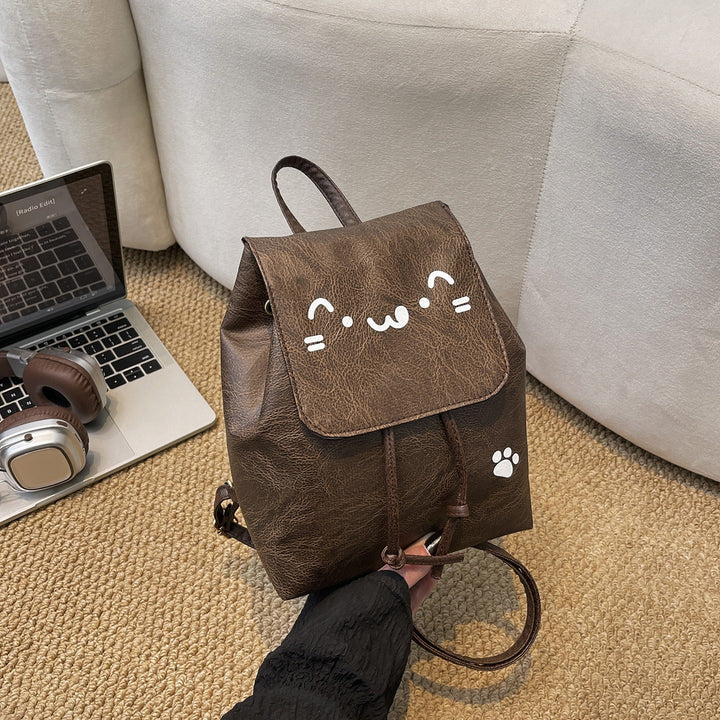 Cute Cat-Themed Faux Leather Backpack Bowlift