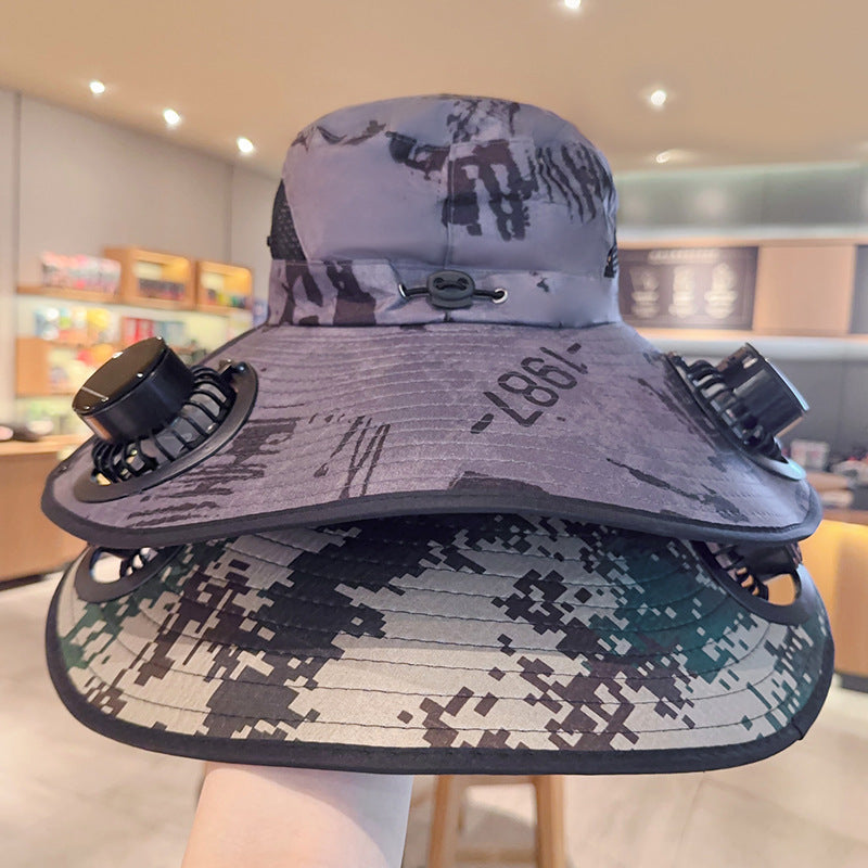 Bbreathable sun hat with two integrated mini fans, wide brim and adjustable chin strap Bowlift