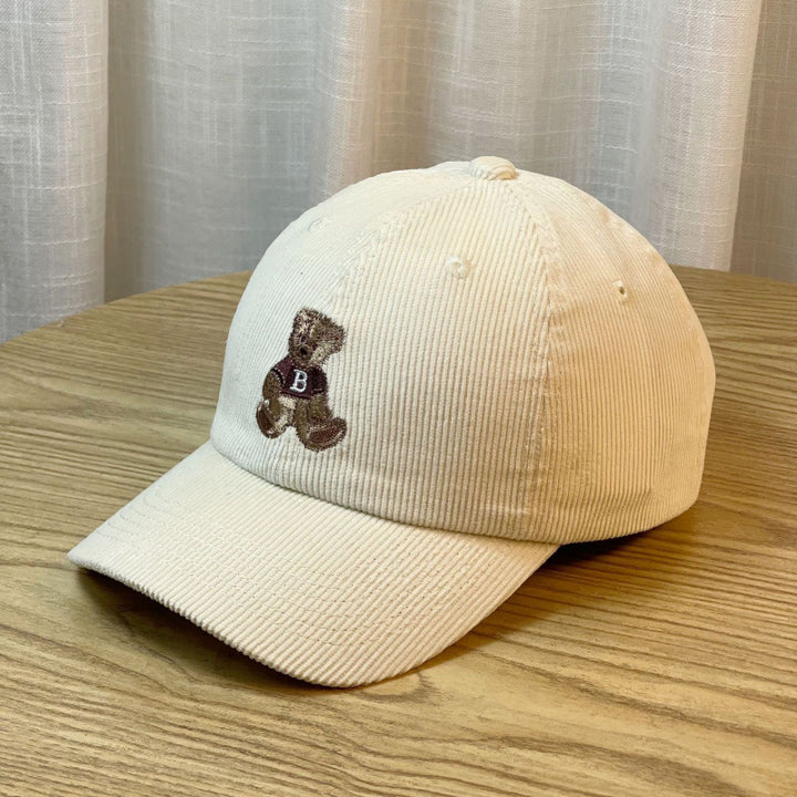 Women's Corduroy Baseball Cap with Teddy Bear Embroidery Bowlift