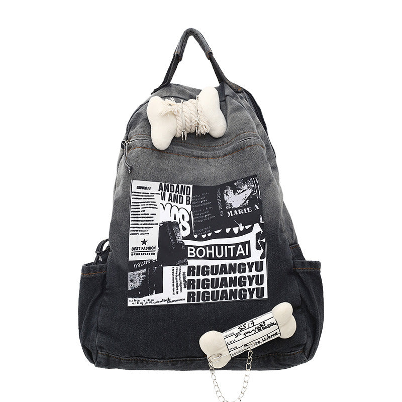 Creative Graphic Print Denim School Backpack Bowlift