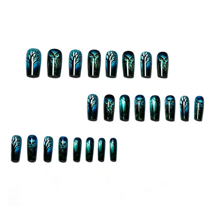 Artificial nails with elegant owl and forest motif Bowlift