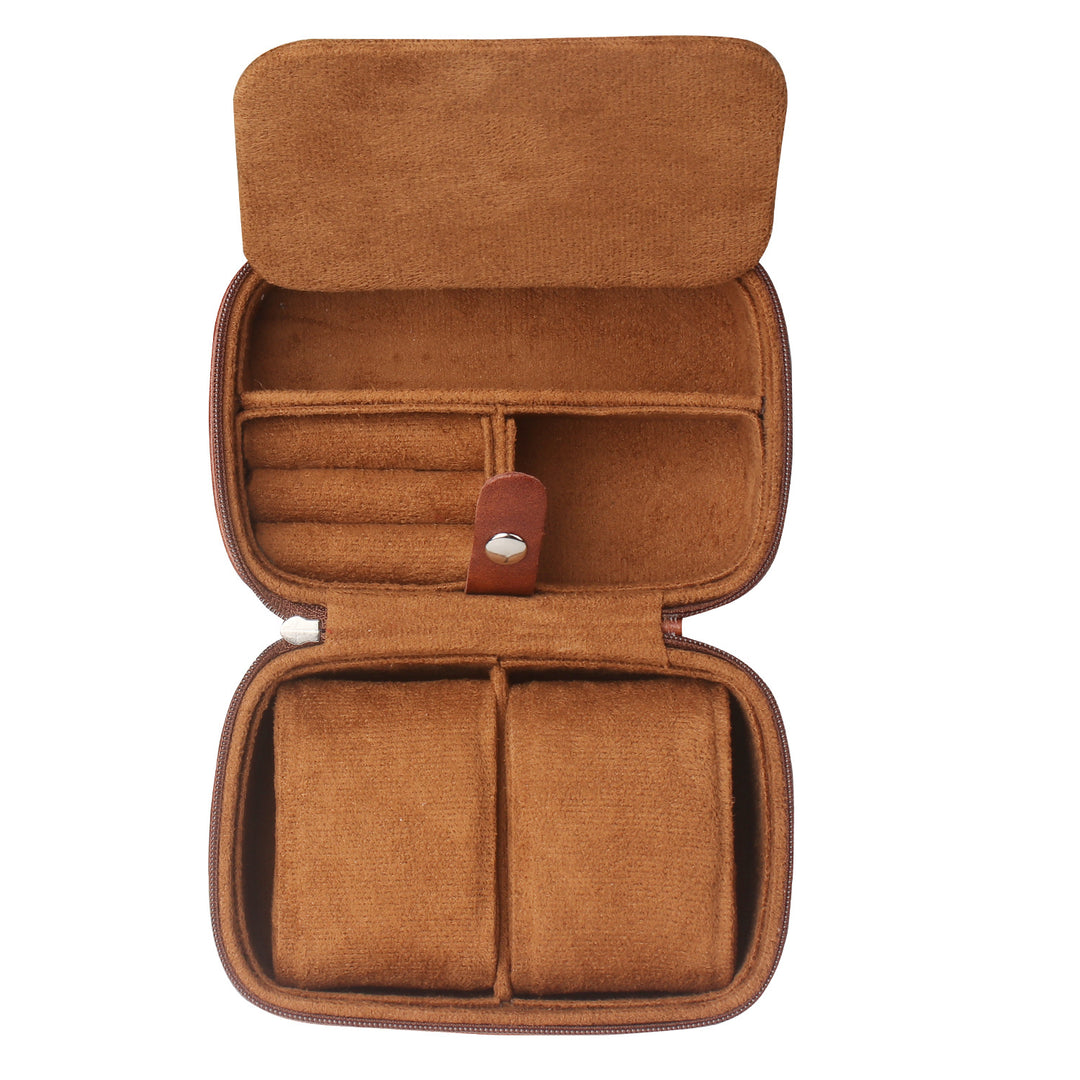 Compact Travel Leather Jewelry Organizer Box with Zippered Two-Tier Interior Bowlift