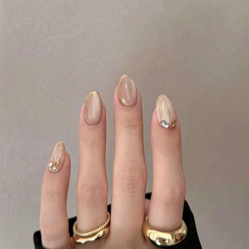 Elegant Glossy Press-On Nail Set with Gold Accents Bowlift
