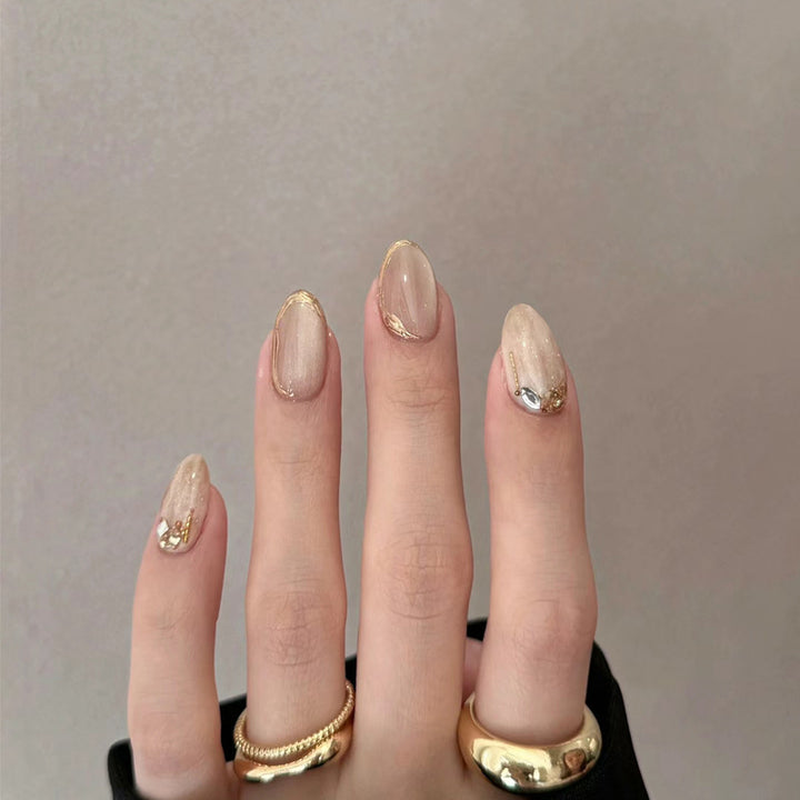 Elegant Glossy Press-On Nail Set with Gold Accents Bowlift