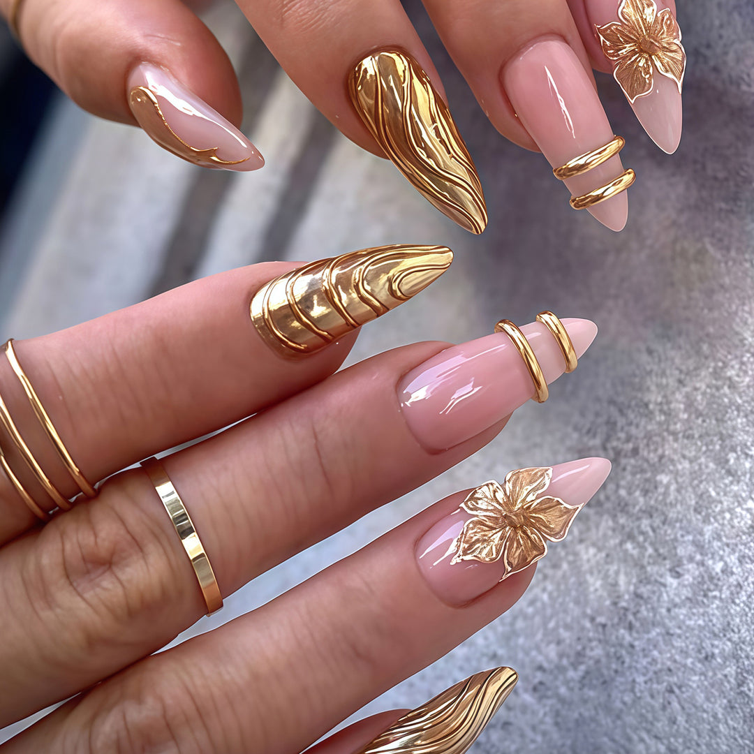 Elegant Metallic Floral Accent Press-On Nails Bowlift