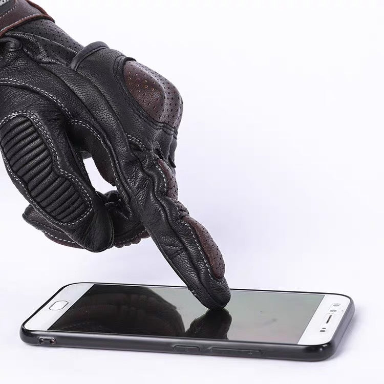 Perforated leather motorcycle gloves with reinforced knuckle armor and touchscreen fingertips Bowlift