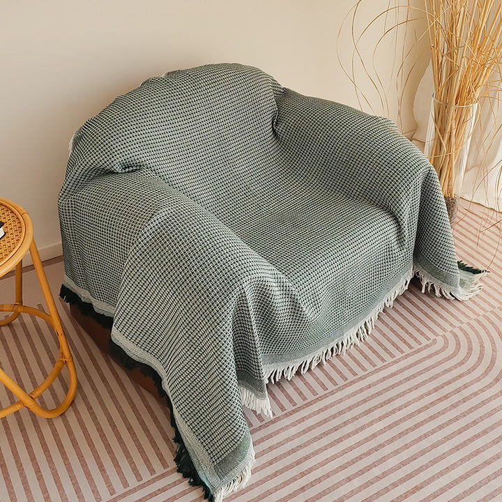 Waffle-Weave Fringed Throw Blanket Bowlift
