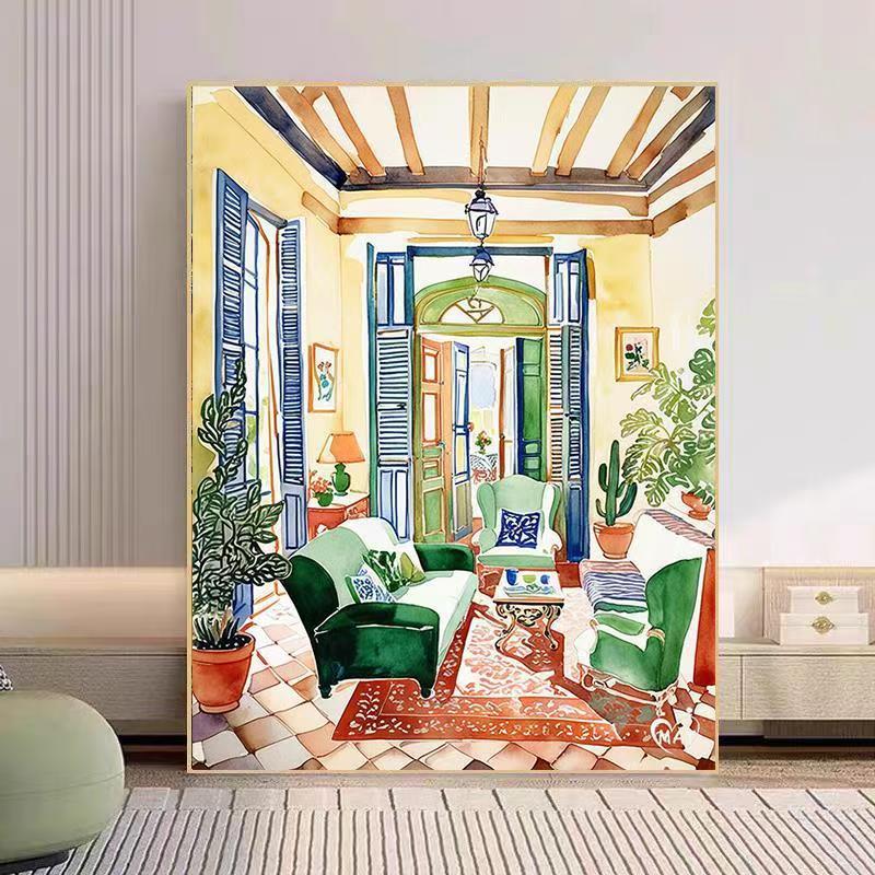 Cozy Living Room Watercolor Art Print Bowlift