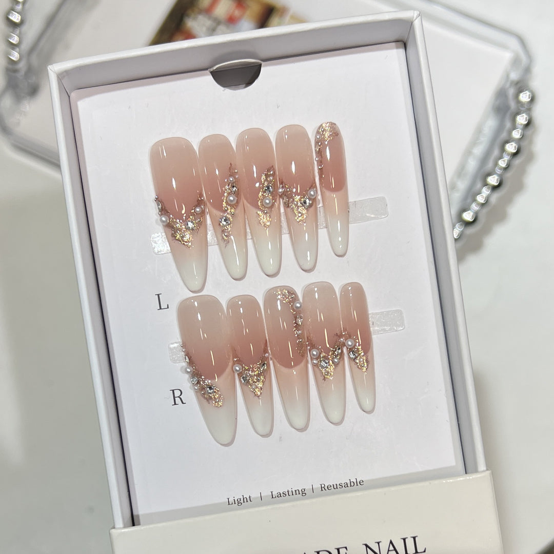 Elegant Stiletto Press-On Nail Art Set with Crystal and Pearl Accents Bowlift