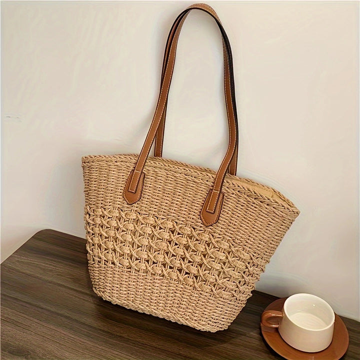 Handbag with Woven Design and Leather Handles Bowlift