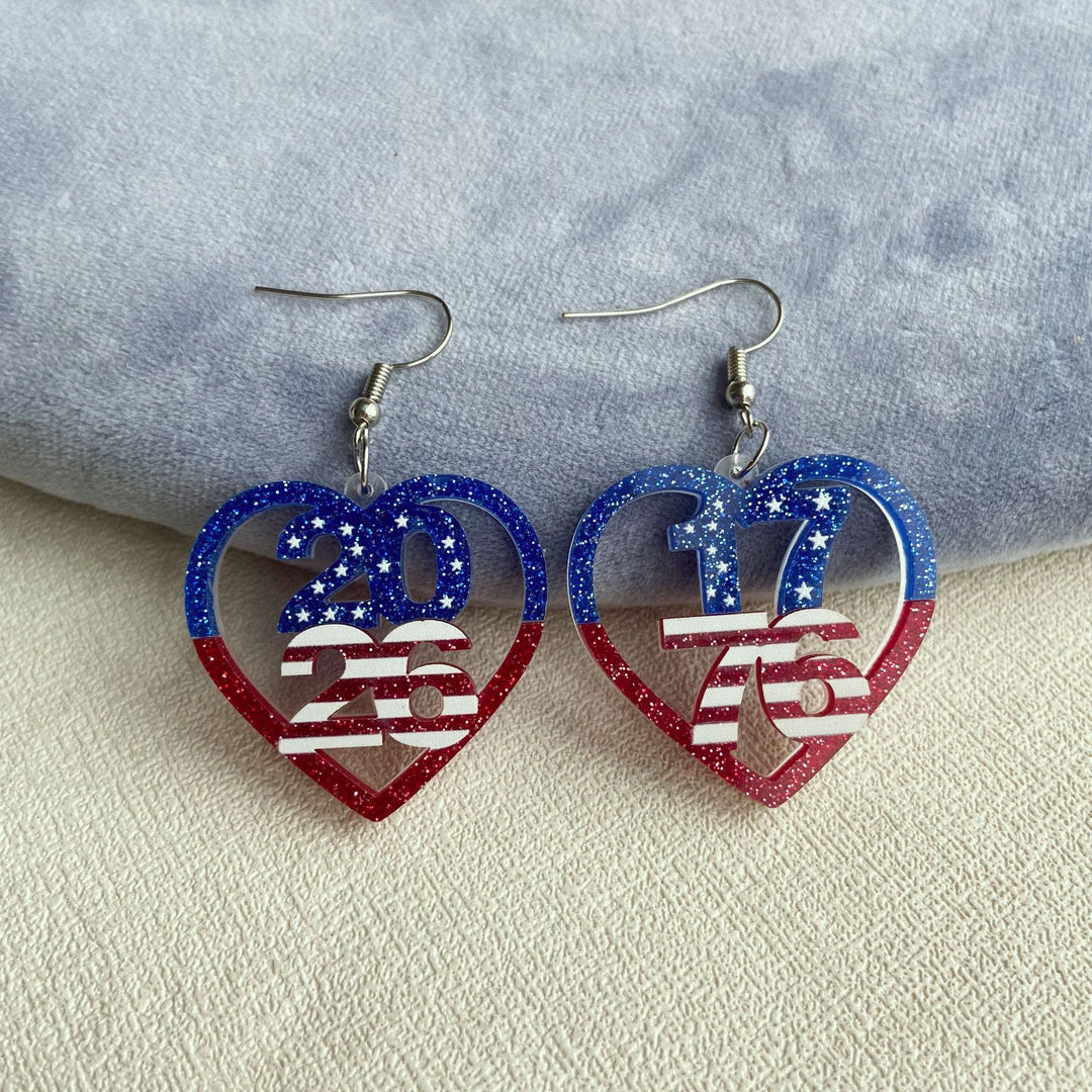 Women's nan patriotic heart dangle earrings with layered star stripe cutout and fishhook Bowlift