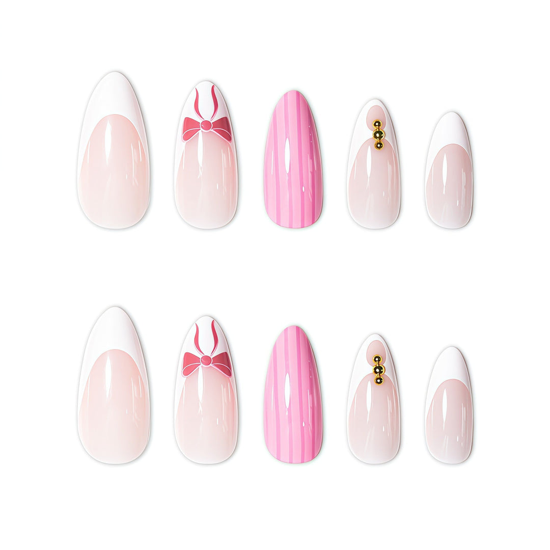 Artistic French Tip Press-On Nails with Bow Accents Bowlift