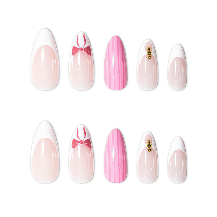 Artistic French Tip Press-On Nails with Bow Accents Bowlift