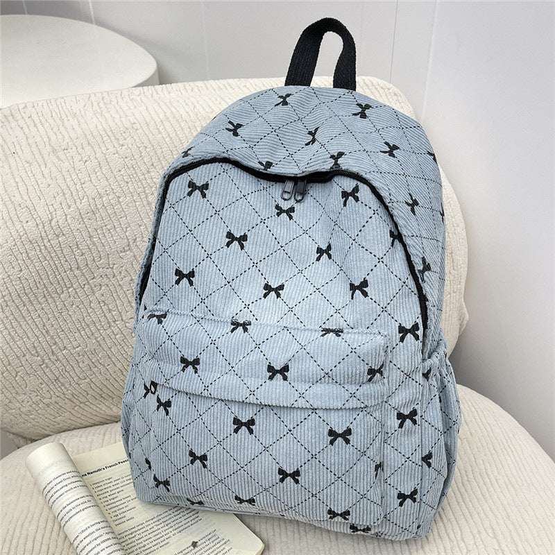 Casual Bow-Embellished Corduroy Backpack