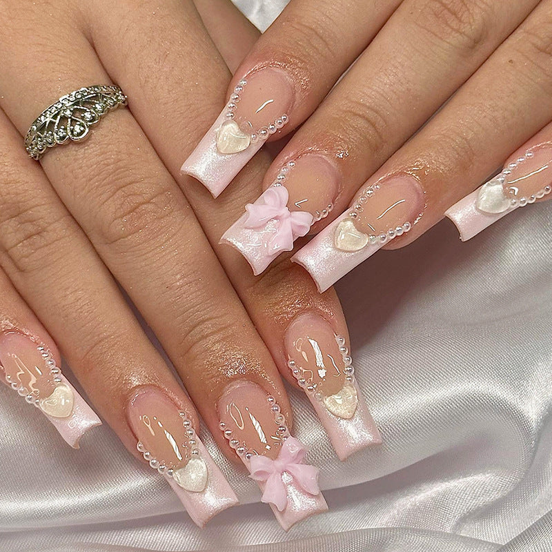 Decorative Press-On Nail Art Set with Pearls and Bows Bowlift