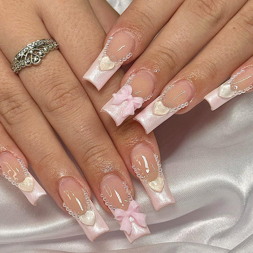 Decorative Press-On Nail Art Set with Pearls and Bows Bowlift