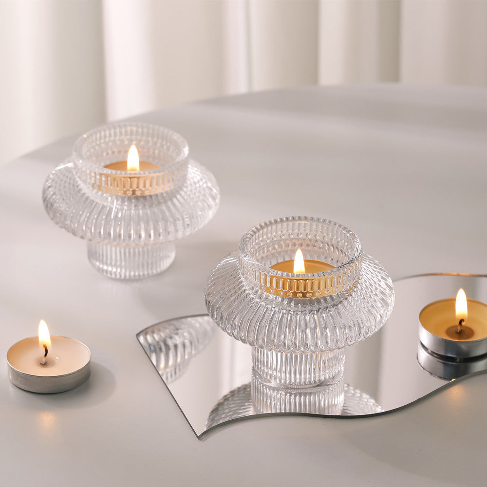Ribbed Textured Glass Tealight Candle Holder with Flared Collar Bowlift