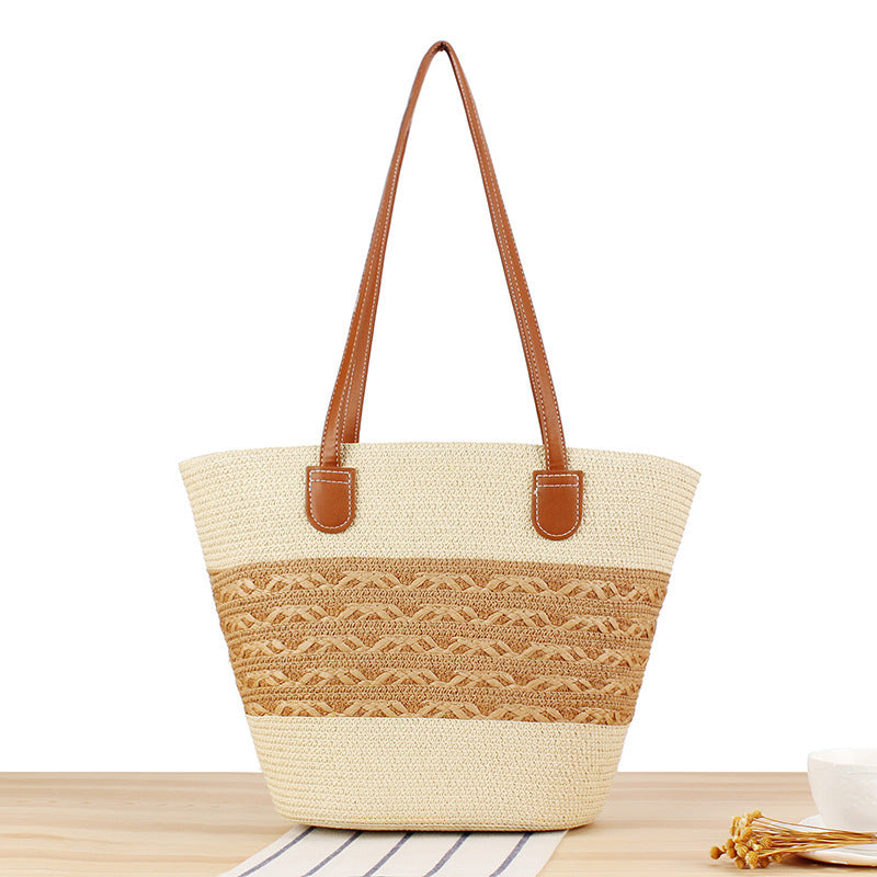 Elegant Straw Bag with Attractive Leather Handles Bowlift