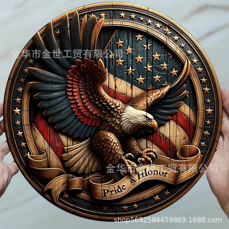Independence Day rustic round wooden patriotic cross wall plaque with floral accents and God Bless America banner Bowlift