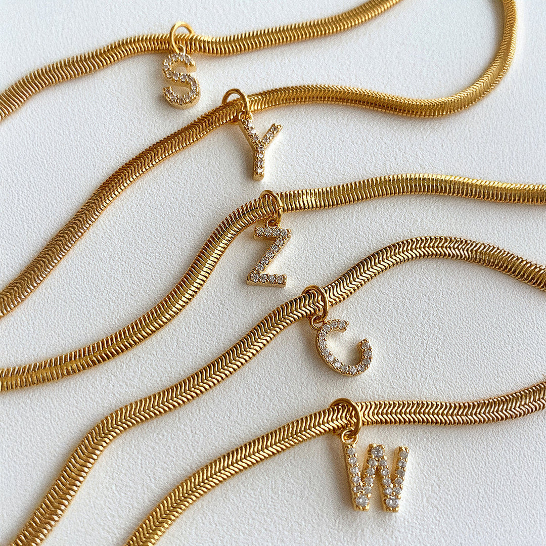 BowLift | Dainty Diamond Letter Initial Herringbone Necklace