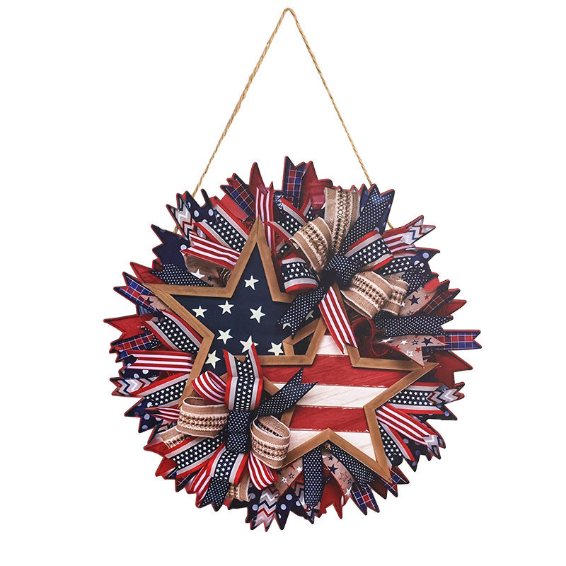 Unisex nan Patriotic Americana Burlap Ribbon Star Door Wreath with Jute Hanger Bowlift