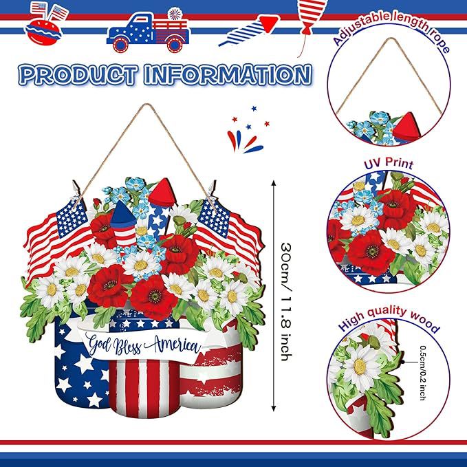 Unisex nan patriotic layered wooden door hanger with American flag buckets and floral bouquet Bowlift