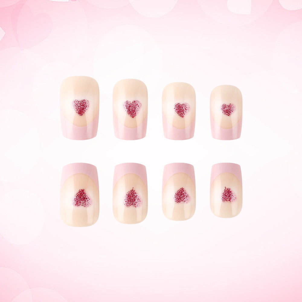 Heart-Embellished French Tip Acrylic Nails Bowlift