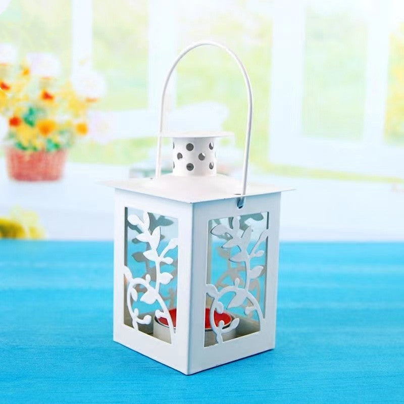 Decorative Metal Tealight Lantern Set with Filigree Leaf Cutouts and Carry Handle Bowlift